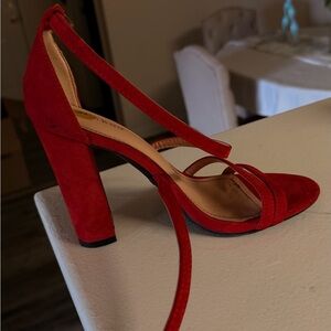 Women's Red Suede Strappy Block Heel Sandals